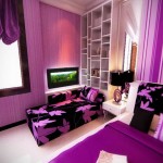 Bedroom,Cute Small Space Design For Teenage Girl Bedroom With Amazing Black Purple Leaf Motif Sofa Bed And Beautiful White Wood Nightstand Table Plus Wonderful Black Drum Table Lamp Also Gorgeous White Wood Bookcase,Modern Designs For Teenage Girls Bedrooms Latest