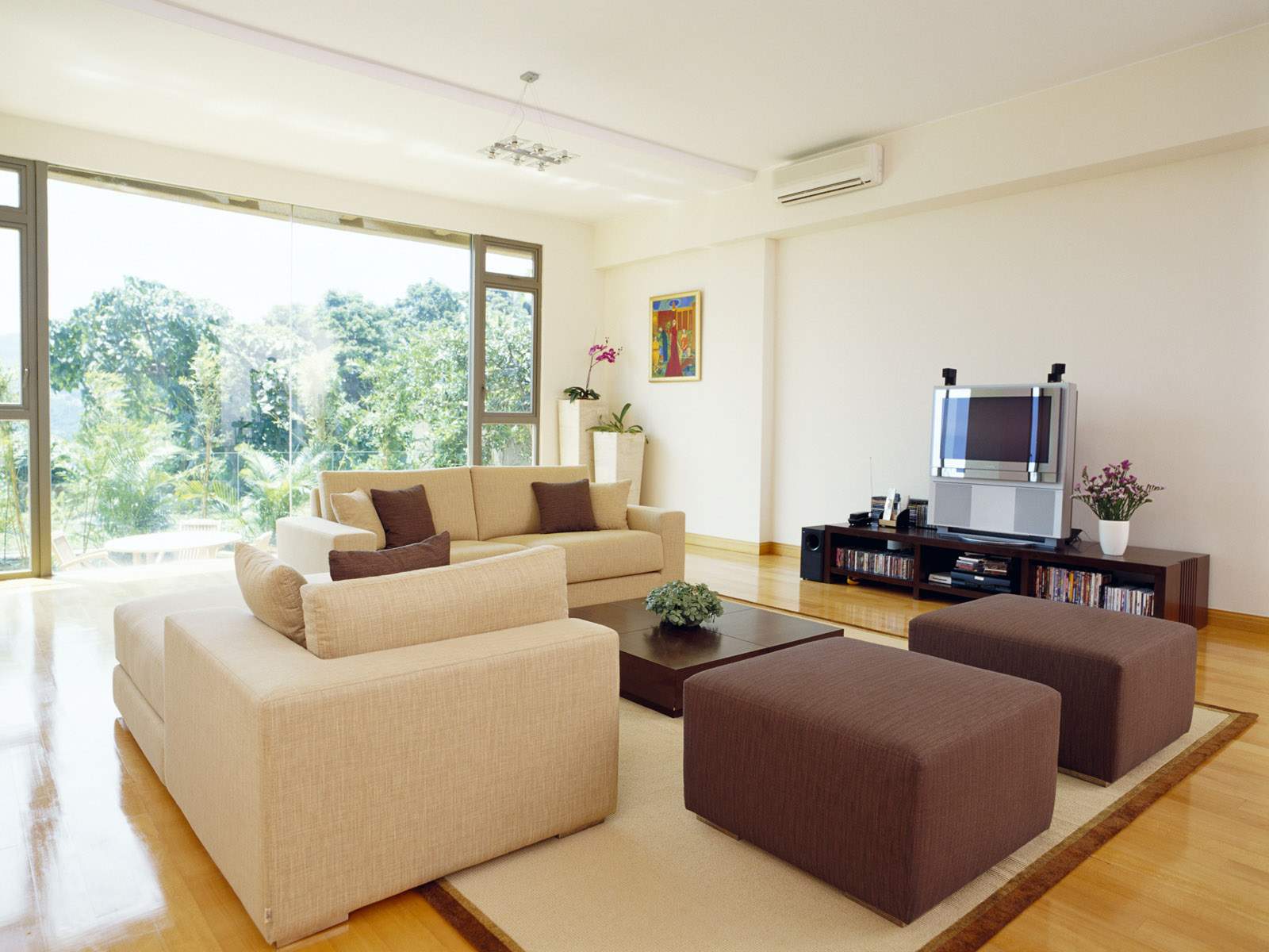 Furniture,Marvelous Large Space Living Room Interior House Design Picture With Stylish Beige Sofas Plus Soft Brown Ottomans And Wonderful Brown Wood Square Tuscan Side Table Also Splendid White Wall Paint,Picturesque Interior House Design Pictures 2015