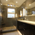 Bathroom,Best Small Space Bathroom Ideas With Amazing Black Bathroom Vanity On Combined Beautiful White Marble Countertopa And Cool Chrome Bathroom Faucets Also Extra Large Horizontal Wall Mirror Plus Stylish Corner Shower Enclosures,Small Space With Contemporary Bathroom Ideas