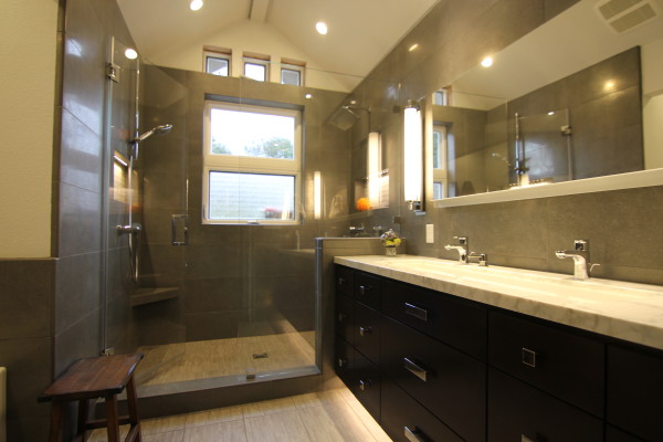 Bathroom,Best Small Space Bathroom Ideas With Amazing Black Bathroom Vanity On Combined Beautiful White Marble Countertopa And Cool Chrome Bathroom Faucets Also Extra Large Horizontal Wall Mirror Plus Stylish Corner Shower Enclosures,Small Space With Contemporary Bathroom Ideas