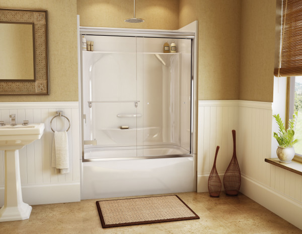 Bathroom,Impressive Beige Wall Paint Bathtub And Shower Combination Design Inspiration With Comfortable White Bathtub Combo Plus Nice White Pedestal Sink Also Simple Wall Mirror,Contemporary Bathtub And Shower Combinations