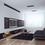 Apartments,Exquisite Small Space Bachelor Apartment Design Ideas With Modern Tv Wall Units And Comfortable Black Sofa Plus Rustic Fireplance Also Soft Black Fur Rug On Combined Wonderful Bright Linen Wood Floor ,Exceptional Bachelor Apartment Designs