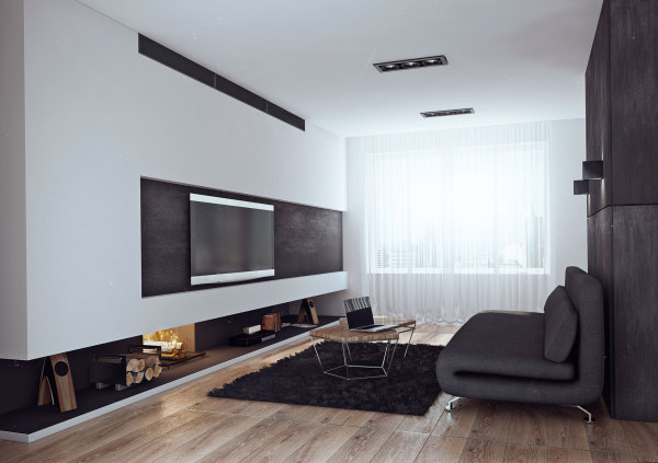 Apartments,Exquisite Small Space Bachelor Apartment Design Ideas With Modern Tv Wall Units And Comfortable Black Sofa Plus Rustic Fireplance Also Soft Black Fur Rug On Combined Wonderful Bright Linen Wood Floor ,Exceptional Bachelor Apartment Designs