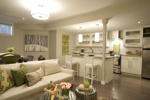 Apartments,Exquisite White Wall Paint Mini Apartment Design Inspiration With Beautiful White Leather Sofa On Combined Soft Cushions And Cool Open Plan Kitchen Plus Beautiful White Over Pendant Lamp Also Trendy Brown Laminate Flooring ,Fascinating Mini Apartment Design Inspiration 
