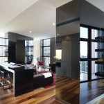 Furniture,Admirable Open Plan Interior Design Architect With Cool Black Dining Bar And Stylish Black Bar Stools Plus Exquisite Black Open Bookshelves Also Nice Black Window Frame,Modern Interior Design Architects For Your Homes