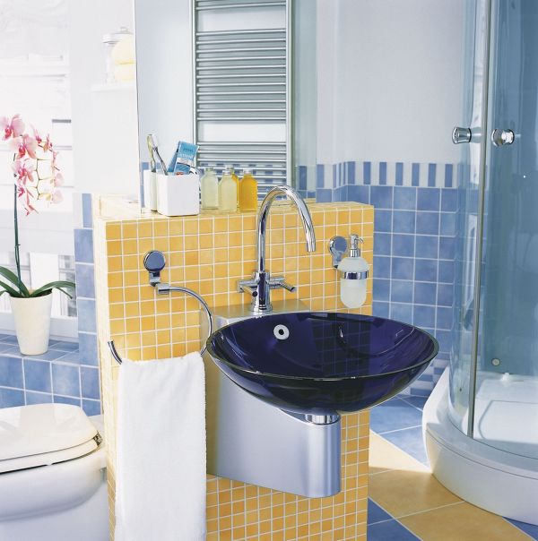 Apartments,Astounding Bright Blue And Yellow Bathroom Design For Apartement With Charming Dark Blue Sink Kids Also Cool Chrome Single Faucet ,Gorgeous Small Space Bathroom Designs For Apartments