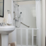 Furniture,Contemporary White Themed Shower Design Small Bathroom With Charming White Shower Curtains Plus Nice Frosted Glass Door Shower And Beautiful White Freestanding Vanity Vessel Sink Also Wonderful Dark Brown Ceramic Tile Floor For Luxurious Concept,Modern Shower Designs Small Bathrooms