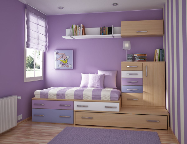 Bedroom,Trendy Small Kids Bedroom Decoration With Beautiful Purple Wall Paint And Comfortable Trundle Bed On Combined White Purple Stripe Mattress Also Gorgeous Bookshelf,Delight Kids Bedroom Design