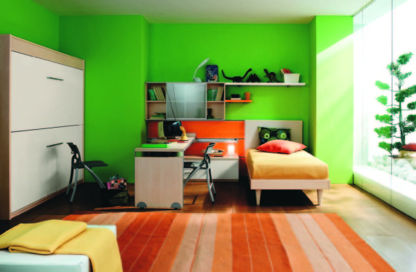 Bedroom,Splendid Lime Green Wall Paint Color Kids Bedroom Decoration With Comfortable Wood Bed Frame On Combined Orange Mattress And Style Study Space Also Beautiful Orange White Stripe Rug,Delight Kids Bedroom Design