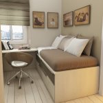 Bedroom,Astounding Small Space Children Bedroom Design Inspiration With Beautiful Day Bed On Combined Nice Gray Bed Sheet And Splendid White Wood Flat Study Table Plus Comfortable Gray Glossy Wheels Chair Also Trendy Bright Brown Wood Linen Floor,Cool Stylish With Themed Children Bedroom Designs