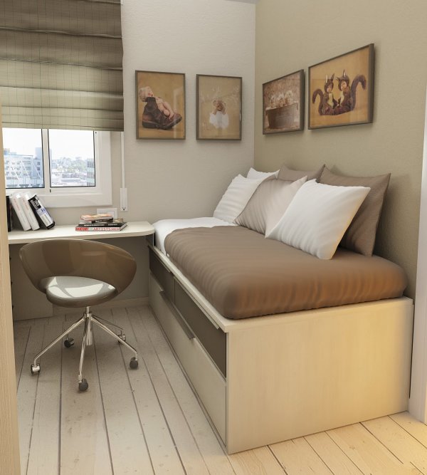 Bedroom,Astounding Small Space Children Bedroom Design Inspiration With Beautiful Day Bed On Combined Nice Gray Bed Sheet And Splendid White Wood Flat Study Table Plus Comfortable Gray Glossy Wheels Chair Also Trendy Bright Brown Wood Linen Floor,Cool Stylish With Themed Children Bedroom Designs
