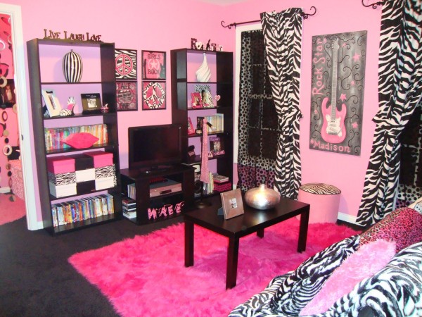 Bedroom,Enchanting Pink Wall Paint Tween Bedroom Ideas For Girl With Soft Black White Zebra Pattern Bed Cover And Beautiful Rectangular Black Wood Table On Combined Cute Pink Fur Rug Also Cool Double Black Wood Bookcase Plus Wonderful Small Television,Inexpensive And Cute Tween Bedroom Ideas For Girls