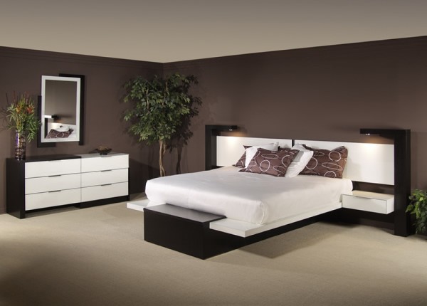 Bedroom,Minimalist Bedroom Furniture Design With Unique Black White Platform Bed On Combined White Mattress And Soft Pillow Also Modern Wood Dresser On Combined Beige Tiles,Chic Bedroom Furniture Inspiration