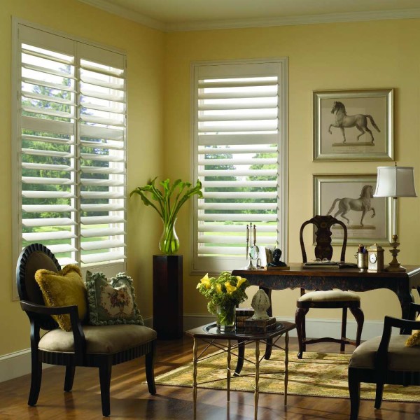 Living Room,Nice Spectacular White Plantation Faux Wood Blind Design Ideas With Comfortable Chair And Beautiful Small Table Also Nice Wood Desk On Combined White Stand Lamp,Plantation Faux Wood Blinds For Your Living Room