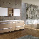 Bathroom,Classic Bathroom Ideas With Adorable Bright Brown Wood Bathroom Vanity On Combined Cool Double Undermount Trough Sink Bathroom Plus Modern Stainless Bathroom Faucets And Soft Gray Fur Rug Also Trendy Bright Brown Laminate Flooring,Small Space With Contemporary Bathroom Ideas