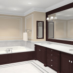 Bathroom,Stunning Bath Design With Beautiful Brown Vanity Cabinet On Combined Gorgeous White Countertop And Wonderful Great Glass Wall Mirror Also Comfortable Built In Bathtub For Modern Concept,Admirable Bath Designs To Your Bathroom 