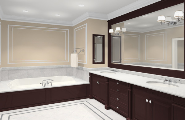 Bathroom,Stunning Bath Design With Beautiful Brown Vanity Cabinet On Combined Gorgeous White Countertop And Wonderful Great Glass Wall Mirror Also Comfortable Built In Bathtub For Modern Concept,Admirable Bath Designs To Your Bathroom 