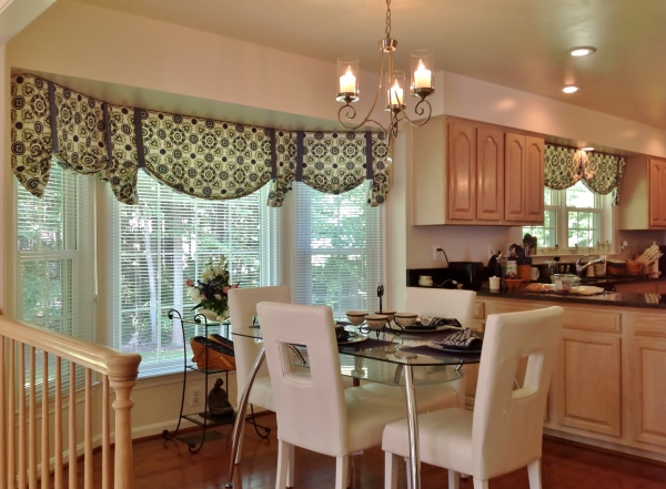 Interior,Luxurious Curtain Ideas For Large Window With Charming Kid Curtain And Wonderful White Horizontal Blind Also Deluxe Glass Dining Table Plus Fancy White Chair For Kitchen ,Curtain Ideas For Large Windows