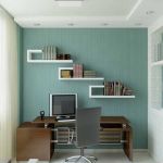 Furniture,Impressive Blue White Color Scheme Home Office Design For Two People With Gorgeous Dark Brown Wood Desk And Comfortable Gray Arm Chair Also Creative Bookshelf On Combined White Frame For Eclectic Concept,Comfortable Home Office Design For Two People 