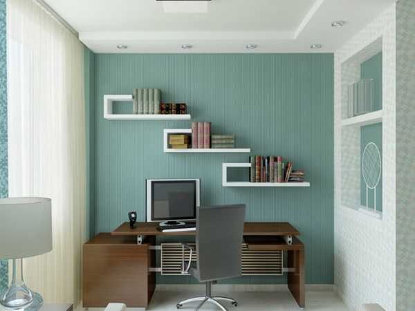 Furniture,Impressive Blue White Color Scheme Home Office Design For Two People With Gorgeous Dark Brown Wood Desk And Comfortable Gray Arm Chair Also Creative Bookshelf On Combined White Frame For Eclectic Concept,Comfortable Home Office Design For Two People 