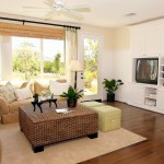 Furniture,Adorable Interior Design Ideas With Comfortable Cream Sofas And Nice Brown Rattan Ottoman Plus Beautiful White Wood Entertaiment Center Also Wonderful Fireplace,Best Interior Design Ideas To Your Home