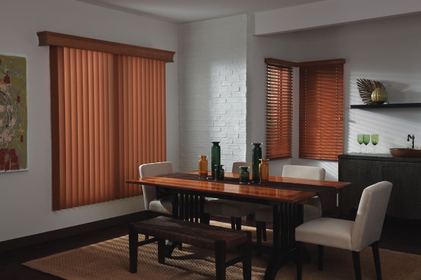 Interior,Adorable Wood Dining Table Also Cozy White Chair And Fancy Cream Rug With Medium Vertical Blind For Window On Combined Brown Color For Classic Concept,Smart Modern Style Vertical Blinds For Windows Design Ideas