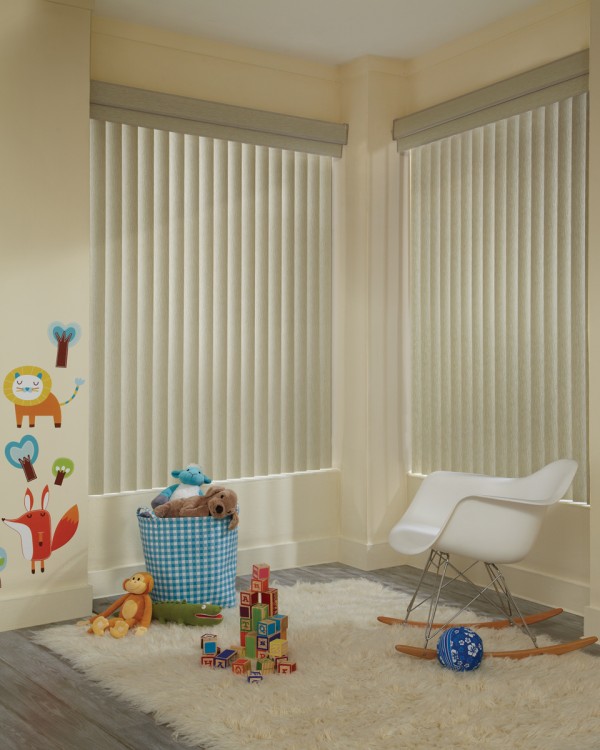 Interior,Modern White Rocking Chair With Cozy White Fur Rug On Combined Grey Floor Also Modern White Vertical Blind For Window Design Inspiration For Nice Kids Room,Smart Modern Style Vertical Blinds For Windows Design Ideas