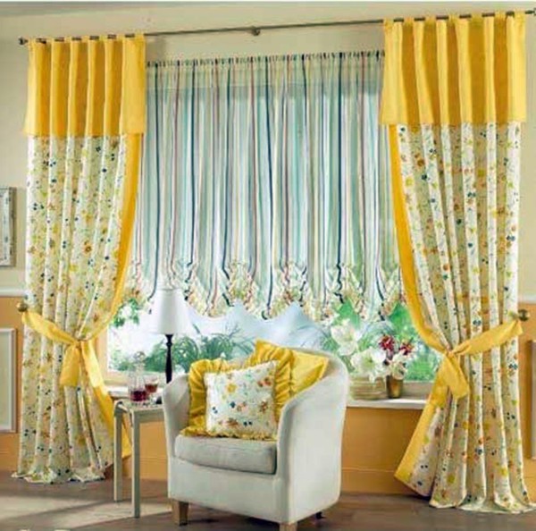 Interior,Admirable Yellow Floral Window Curtain Design Ideas With Beautiful Striped Valance Motif And Comfortable White Single Sofa Also Nice White Wood Square Accent Table On Combined Gorgeous White Cup Table Lamp,Window Curtain Design Ideas Looks Beautiful In The House