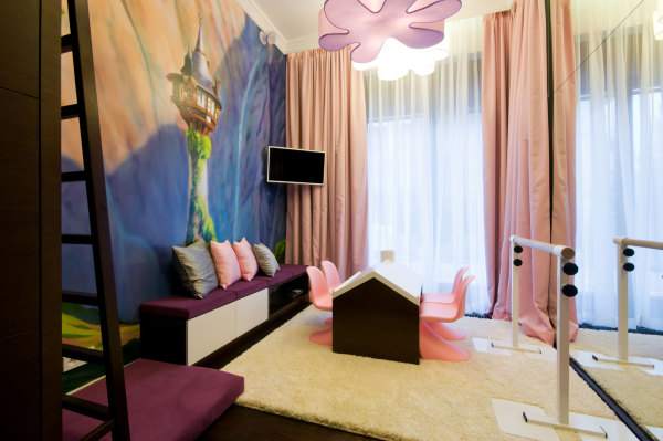 Furniture,Splendid White Pink Loft Window Curtain Design Inspiration With Amazing Purple Seat Bench And Unique Pink Chairs On Combined Soft White Great Rug Also Cool Storage Wall Mounted TV,Good Looking Living Room Loft Window Curtains