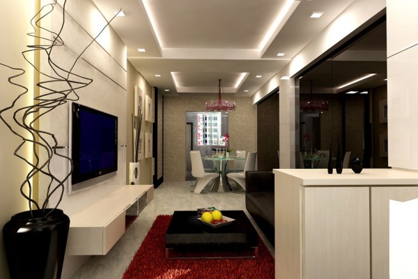 Apartments,The Best Small Space Apartment Decorating Ideas With Amazing Bright Brown Floating Entertaiment Center And Comfortable Black Sofa Also Cool Black Square Table On Combined Soft Red Rug Plus Beautiful Open Plan Dining Room,Contemporary Living Room In Apartment Decorating Ideas