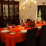 Dining Room,Marvelous White Wall Paint Table Decoration For Christmas With Adorable Red Great Table Cloth Plus Comfortable Black Dining Chairs And Beautiful Green Christmas Tree On Combined Cool White Xmas Tree Lights Also Elegant Over Chandelier For Dining Room,Splendid Dining Table Decorations For Christmas