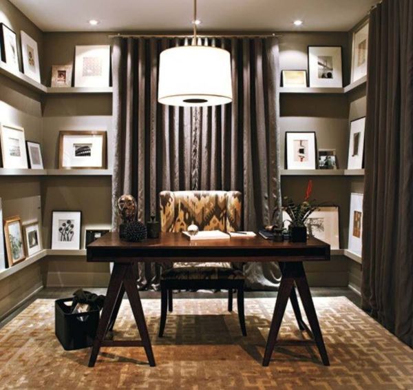 Furniture,Wonderful Home Office Design For Two People With Stylish Dark Brown Office Desk And Comfortable Black Yellow Leather Office Chair Also Beautiful Oversized Drum Pendant Lamp,Comfortable Home Office Design For Two People 