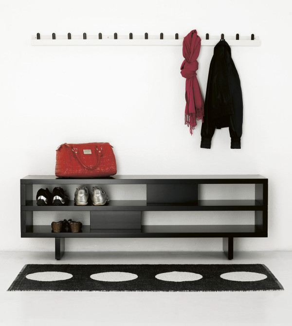 Furniture,Contemporary Wall Mount Coat Hanger Design Ideas With Beautiful White Wood Wall Mount Coat Hanger And Nice Black Hooks Also Gorgeous Black Wood Shelf Open Shoes Cabinet Plus Soft Black White Rug,Good Idea Furniture Wall Mount Coat Hangers