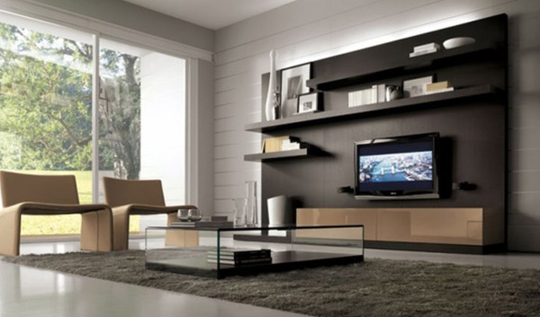 Interior,Adorable Large Space Great House Design Ideas With Charming Tv Wall Units Plus Beautiful Dark Brown Wood Bookshelves And Unique Bright Brown Wood Chairs Also Cool Glass Table On Combined Soft Gray Fur Rug For Living Room,Interior Great House Design Ideas
