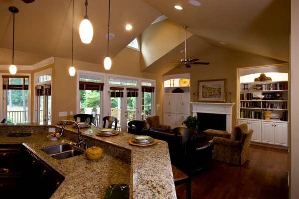 Interior,Exceptional Open Plan Great House Design Ideas With Comfortable Brown Pattern Sofas And Beautiful White Fireplace Plus Extra Tall White Wood Bookshelves Also Nice Black White Granite Bar Table Plus Cozy Black Wood Bar Stools,Interior Great House Design Ideas