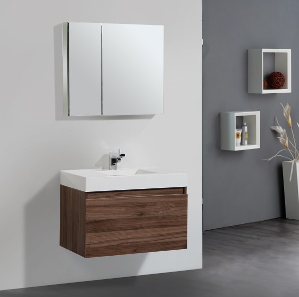 Bathroom,Impressive Large Space Bathroom 2011 Design Ideas With Cool Floating Walnut Bathroom Vanity On Combined Nice Rectangular White Ceramic Vessel Sink Plus Modern Chrome Bathroom Faucet Also Beautiful Floating White Cubic Shaped Shelf On The Gray Wall,Perfect Bathrooms 2011 Design Modern