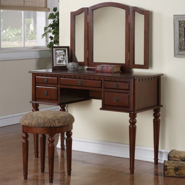 Bedroom,Picturesque Dark Brown Make Up Table Design Inspiration With Beautiful Three Glass Mirror And Nice Dark Brown Wood Drawers Also Soft Ottoman For Traditional Concept,Make Up Table Design Ideas