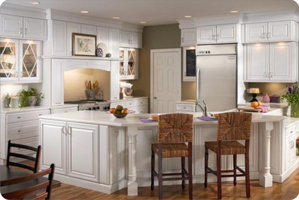 Furniture,Astonishing Large Space Cabinet Door Design Inspiration With Charming White Wood Kitchen Cabinet And Nice White Wood Floating Kitchen Cabinet Also Gorgeous White Kitchen Island Plus Comfortable Brown Bar Stools On Combined Trendy Brown Wood Floor,Unique Cabinet Doors For Kitchen