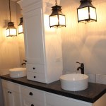 Bathroom,Dazzling White Wall Paint Wall Light Design Inspiration With Glamorous Two White Single Bowl Sink On Combined Cool Black Marble Countertop Plus Trendy Black Double Bathroom Faucet And Beautiful White Wood Drawers Also Vintage Fixtures Wall Lights,Classic Wall Lights Inside Bathroom