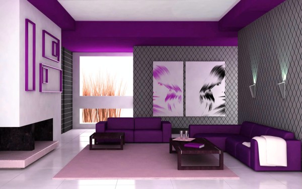 Interior,Picturesque Living Room Interior Design Photo With Stunning Purple Leather Sofas And Cool Dark Brown Wood Coffe Table On Combined Soft Light Purple Rug Plus Modern White Ceramic Tile Floor Also Beautiful White Mixed Purple Ceiling,Best High Quality Interior Design Photos To Your Living Room