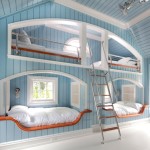 Bedroom,Impressive Teenage Bedroom Color Design With Cool Bunk Bed In Beautiful Aquatic Blue Bed Frame Plus Cozy Large White Bed Sheets And Simple Ladder Also Comfortable Bay Window,Design Perfect Teenage Bedroom Colors