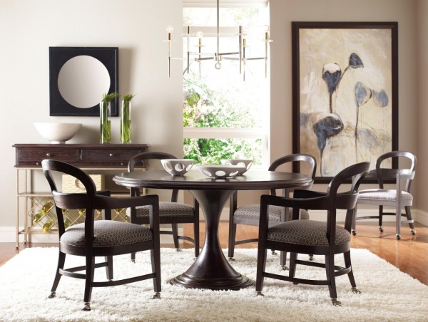 Dining Room,Stylish Modern Stanley Furniture Dining Set Design With Cool Round Wood Dining Table And Comfortable Wood Chairs On Combined Black Color Also Soft White Fur Rug,Stanley Furniture Dining Room 