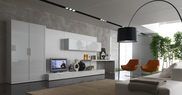 Interior,Nice Looking Large Space Interior Designer Living Room With Amazing White Sofa And Modern Black Drum Arc Floor Lamp Plus Cool White Entertaiment Center Also Comfortable Orange Swivel Chairs,The Best High Quality And Cheap Interior Designer Living Rooms