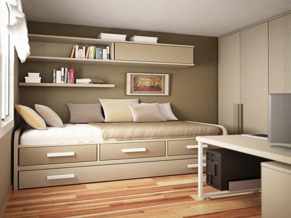 Bedroom,Stunning Gray Background Bedroom Designs For Small Room With Stylish Day Bed On Combined Nice Under Drawers Bed And Cool Wall Mounted Bookshelves Also Trendy Bright Brown Wood Floor,Delightful Bedroom Designs For Small Rooms