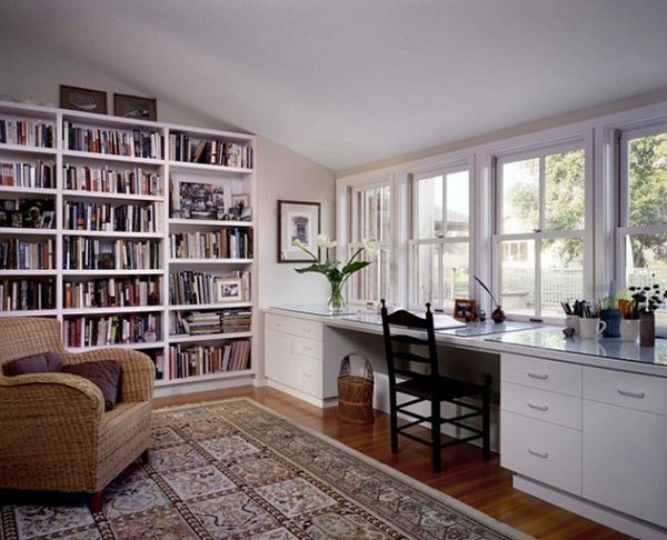 Furniture,The Best Large Modern Desk For Small Space Decoration With Cool Glass Desk On Combined White Wood Cabinet Plus Cozy Black Wood Chair And Wonderful Large Bookcase Also Comdortable Fabric Sofa Chair,Styles Modern Desks For Small Spaces
