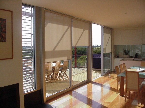 Interior,Cool Two Tempered Glass Sliding Door And Beautiful Blind For Home Design Ideas With Cool Dining Table Also Pretty Wood Floor For Dining Room,Cool And Trend Blinds For Your Home