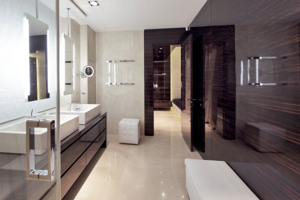 Apartments,Modern Shuvalovsky Bathroom Design For Apartement With Stylish Double Glass Mirror And Wonderful Double White Ceramic Vessel Also Adorable Dark Brown Bamboo Wall Venner,Gorgeous Small Space Bathroom Designs For Apartments