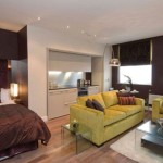 Apartments,Fascinating Small Space Furniture For Apartment Design With Comfortable Brown Bed Cover And Stylish Lime Green Fabric Sofas Combined Trendy Bright Brown Wood Floor Plus Beautiful White Wood Kitchen Cabinet Also Modern Stainless Arc Floor Lamp,Cheap Furniture For Apartments Decoration Modern
