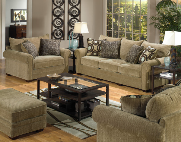 Apartments,Enchanting Large Space Furniture For Apartment Design With Stunning Light Brown Fabric Sofas Plus Nice Glass Square Accent Table On Combined Beautiful White Table Lamps And Cool Rectangular Glass Table Also Soft Light Brown Fabric Ottoman,Cheap Furniture For Apartments Decoration Modern