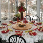 Dining Room,Stylish Corner Table Decoration For Christmas With Beautiful White Round Dining Table On Combined Beautiful White Table Cloth And Adorable Having Red Series Ribbon Flowers Plus Cool Small Christmas Tree Also Cozy Black Wood Dining Chairs,Splendid Dining Table Decorations For Christmas